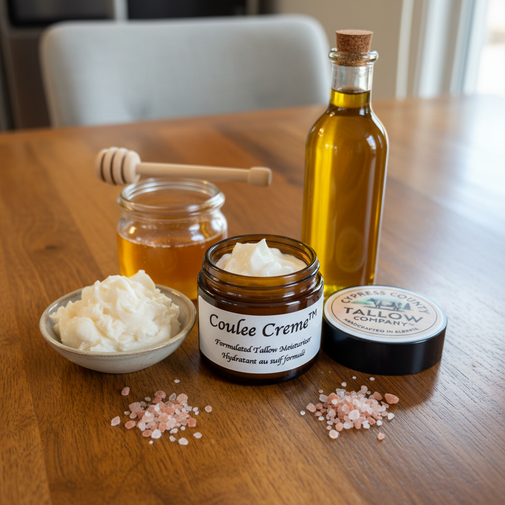 Coulee Creme with natural ingredients - tallow, honey, olive oil, pink salt