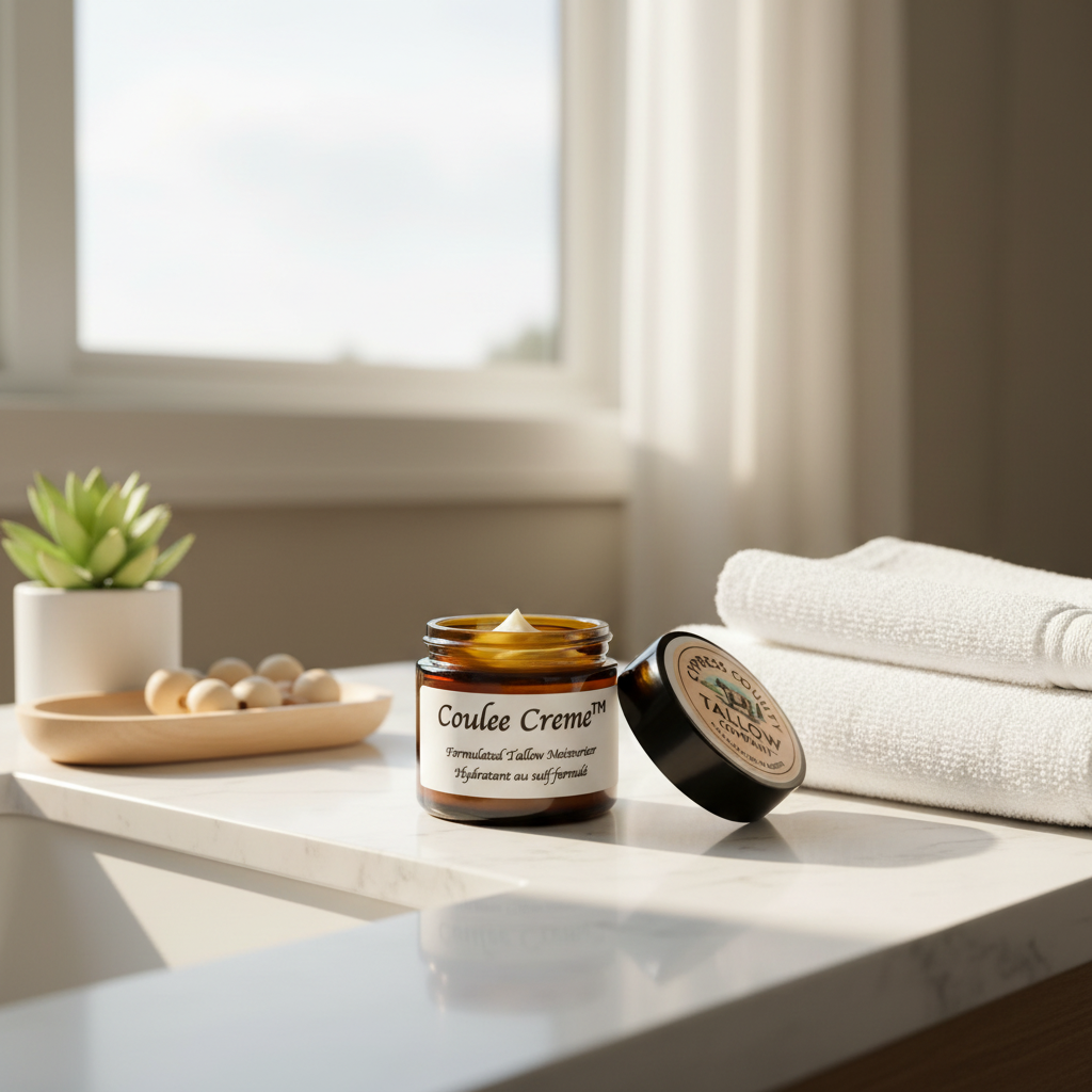 Coulee Creme tallow moisturizer in lifestyle bathroom setting